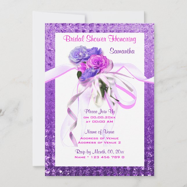 Pink floral stylish purple bridal invitation (Front)