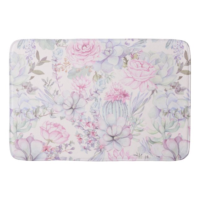 Pink Floral Succulent Illustration Summer Pattern Bath Mat (Front)