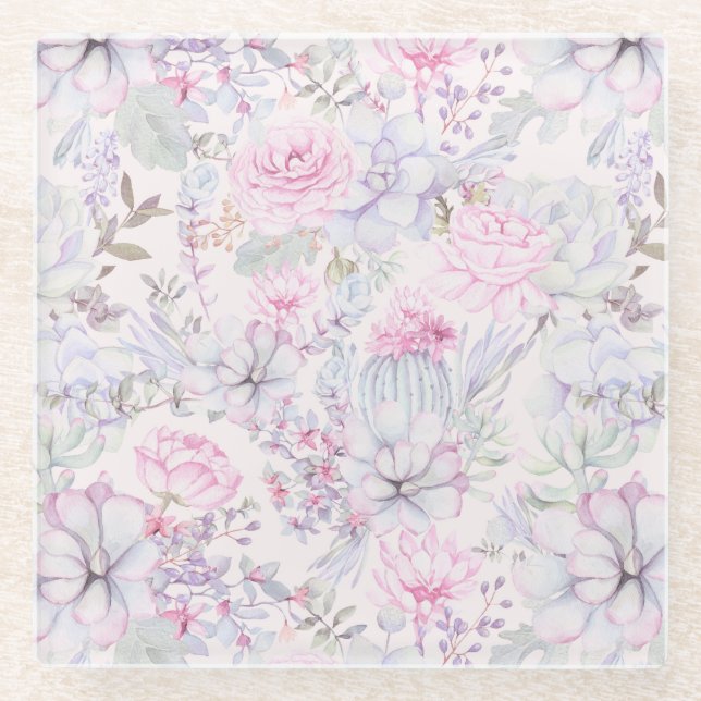 Pink Floral Succulent Illustration Summer Pattern Glass Coaster (Front)