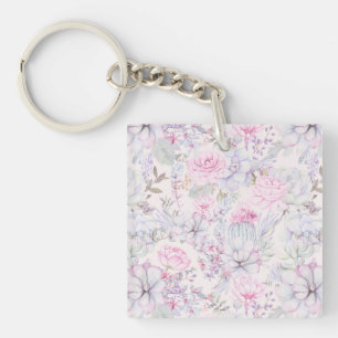 Pink Floral Succulent Illustration Summer Pattern Keychain
