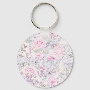 Pink Floral Succulent Illustration Summer Pattern Keychain