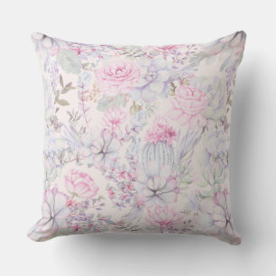 Pink Floral Succulent Illustration Summer Pattern Throw Pillow
