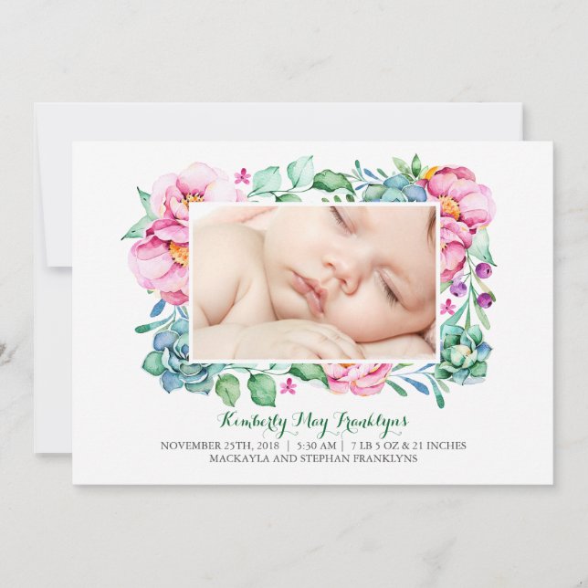 Pink Floral Succulents Bouquet Birth Announcement (Front)