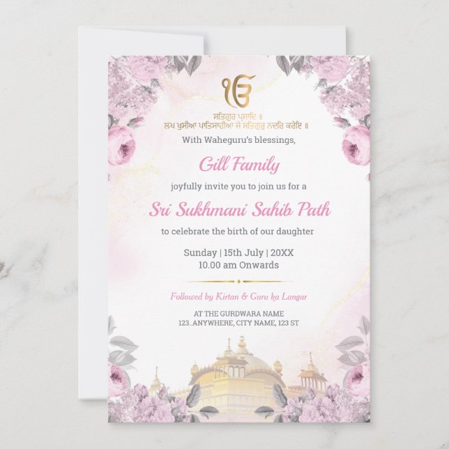 Pink Floral Sukhmani Sahib Path Invitation (Devant)