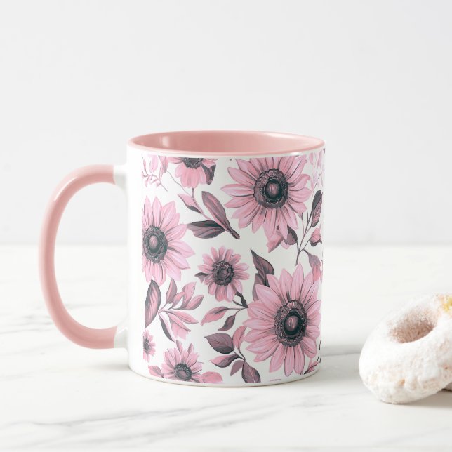 Pink Floral Sunflower  Mug (With Donut)