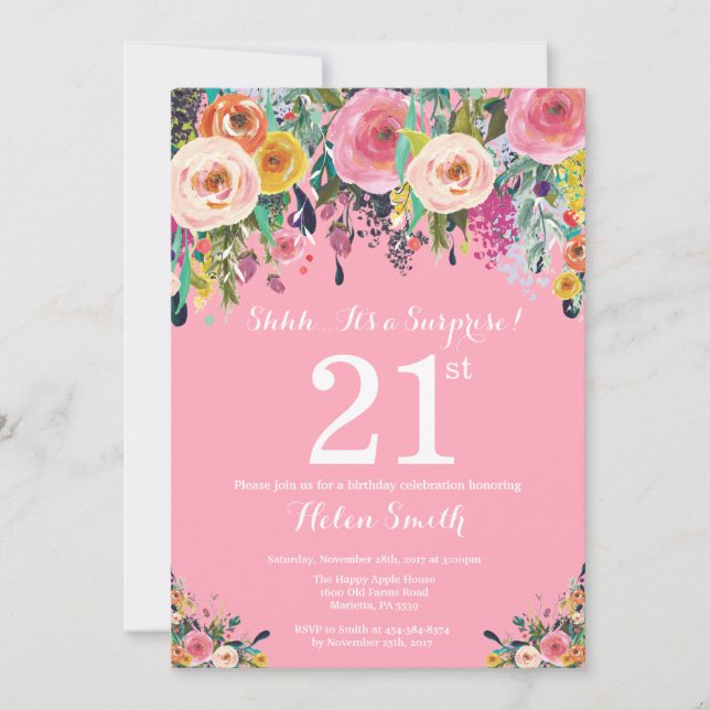 Pink Floral Surprise 21st Birthday Invitation (Front)