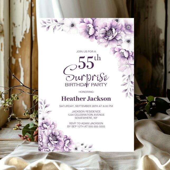 Pink Floral Surprise 55th Birthday Party Invitation (Creator Uploaded)