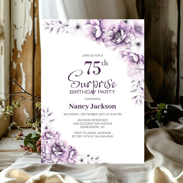 Pink Floral Surprise 75th Birthday Party Invitation (Creator Uploaded)