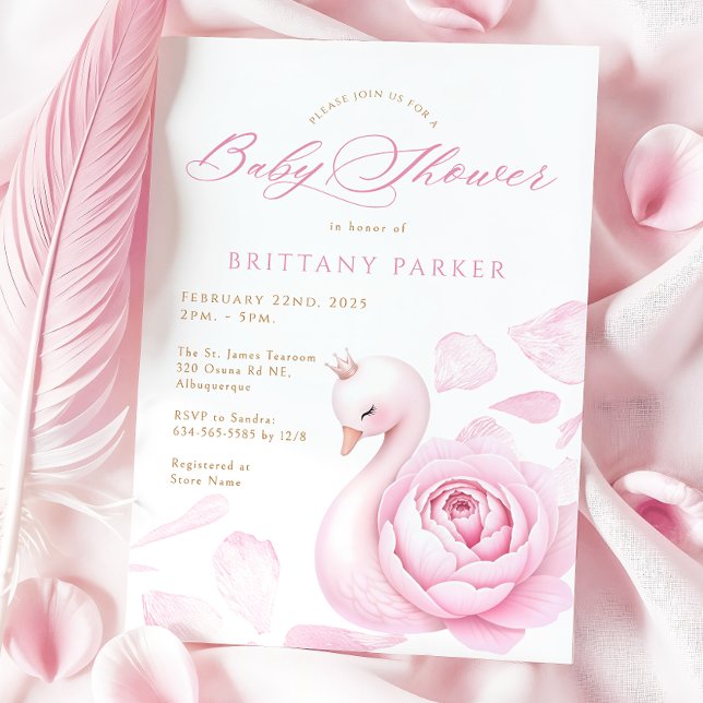 Pink Floral Swan Baby Shower Invitation (Creator Uploaded)