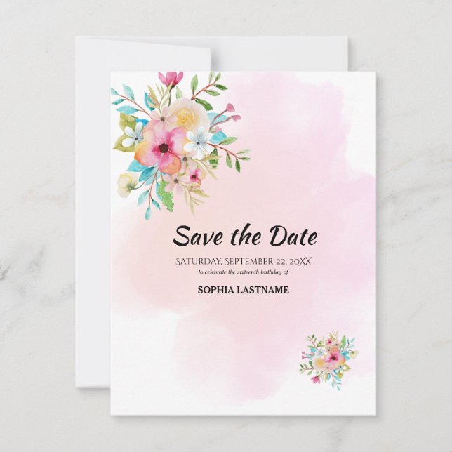 Pink Floral Sweet 16 Flat Save The Date Card (Front)