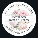 Pink Floral Sweet 16 Return Address Label<br><div class="desc">Add a special touch to all your Sweet 16 envelopes with this elegant round design. It features a bouquet of blush pink roses in the centre. Bright pink rosebuds add a dash of colour. Sage green leaves give it a rustic botanical vibe. Your name and sweet sixteen are written across...</div>