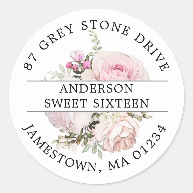 Pink Floral Sweet 16 Return Address Label (Front)