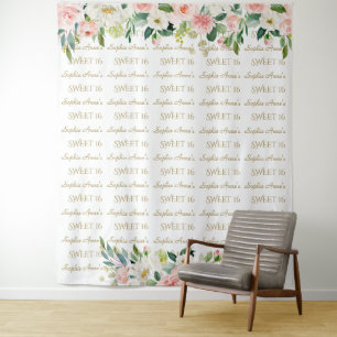 Pink Floral Sweet 16 Step And Repeat Backdrop Tapestry