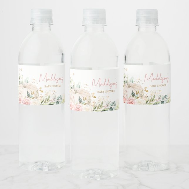 Pink Floral Sweet Little Pumpkin Baby Shower Water Bottle Label (Bottles)