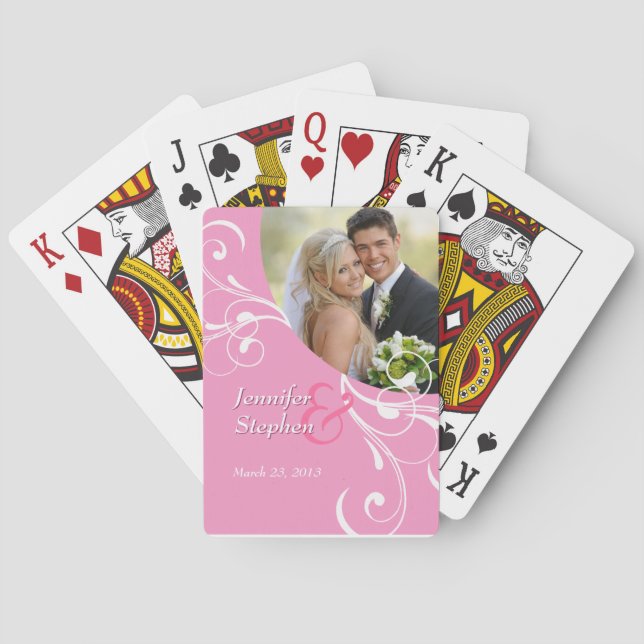 Pink Floral Swirl Wedding Photo Playing Cards (Back)