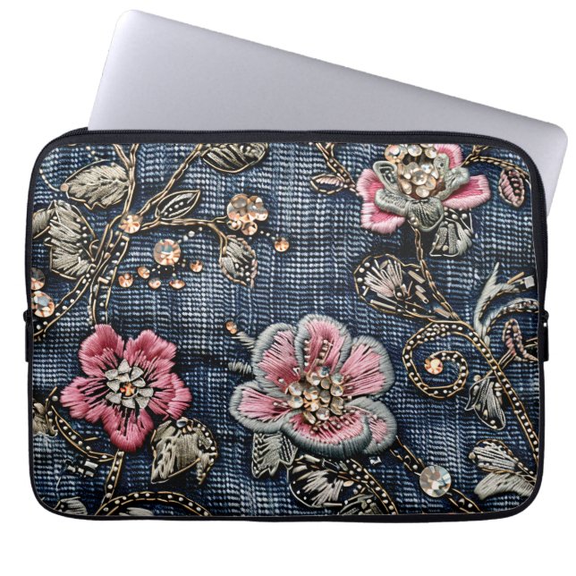 Pink Floral Tapestry on Dark Blue Denim Laptop Sleeve (Front)