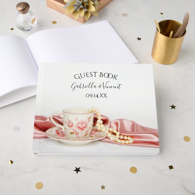 Pink Floral Tea Cup and Pearls Wedding Guest Book (Front Open)