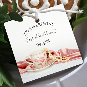 Pink Floral Tea Cup Pearls Love is Brewing Wedding Favour Tags