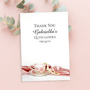 Pink Floral Tea Cup Pearls Quinceanera Thank You Card