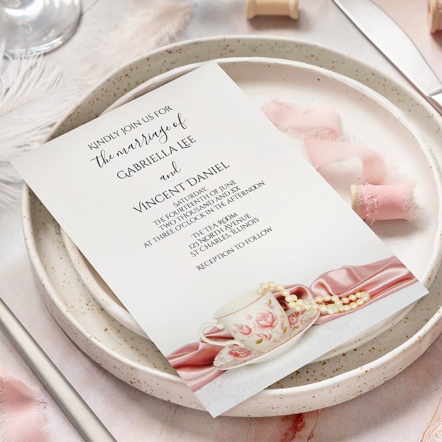 Pink Floral Tea Cup with Pearls Wedding Invitation (Creator Uploaded)
