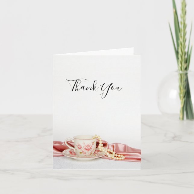 Pink Floral Tea Cup with Pearls Wedding Thank You (Front)
