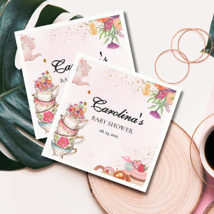 Pink Floral tea party Baby is Brewing baby shower Napkin