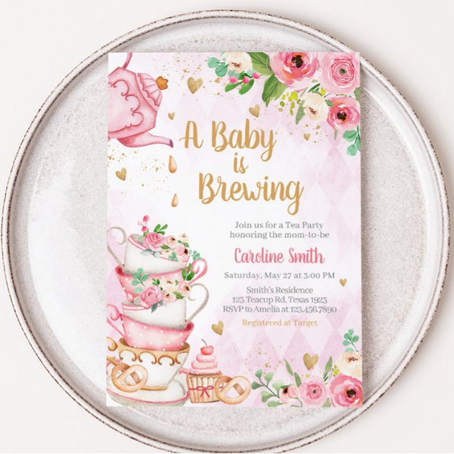 Pink Floral Tea Party Baby Shower  Invitation (Tea Party Baby Shower Invitation)