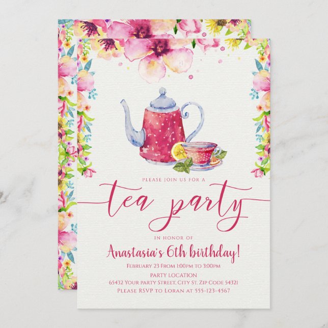 Pink Floral Tea Party Birthday Invitation (Front/Back)