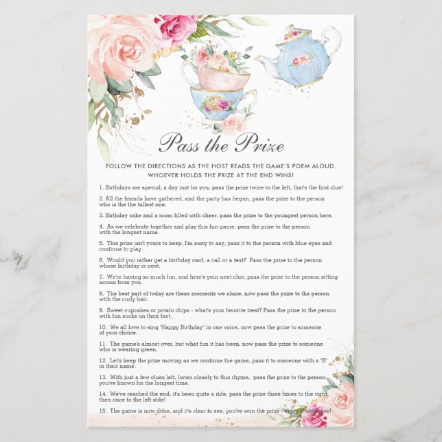 Pink Floral Tea Party Birthday Pass the Prize Game (Front)