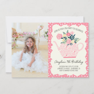 Pink Floral Tea Party Birthday Photo Invitation