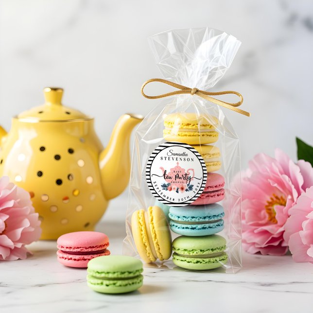 Pink Floral Tea Party Teapot Stripe Baby Shower Classic Round Sticker (Pink Floral Tea Party Teapot Stripe Baby Shower Classic Round Sticker)