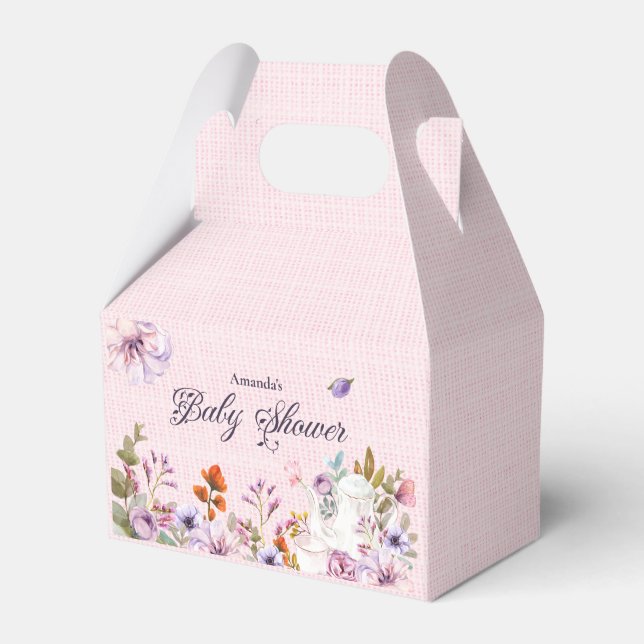 Pink Floral Tea Party Theme Baby Shower Favor Box (Front Side)