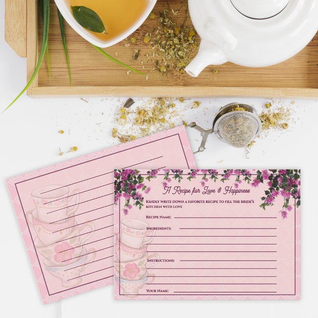 Pink Floral Teacups Bridal Shower Recipe Card (Pink Floral Teacups Bridal Shower Recipe Card)