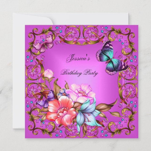Pink Floral Teal Blue Butterfly Birthday Party Invitation (Front)