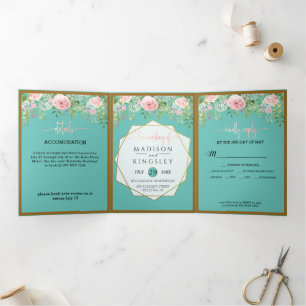 Pink Floral Teal Wedding Fab ELEGANT Tri-Fold Invitation