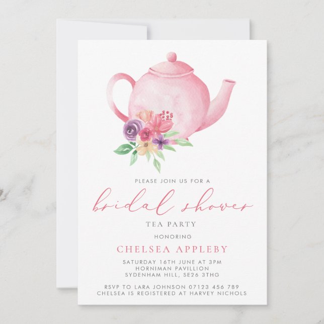 Pink Floral Teapot Bridal Shower Tea Party  Invitation (Front)