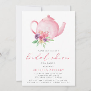 Pink Floral Teapot Bridal Shower Tea Party  Invitation