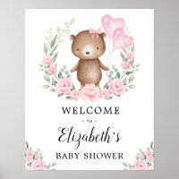 Pink Floral Teddy Bear Girl Baby Shower Welcome