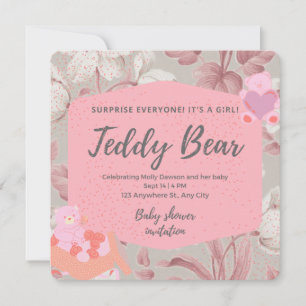 Pink floral teddy bear greenery girl baby shower invitation