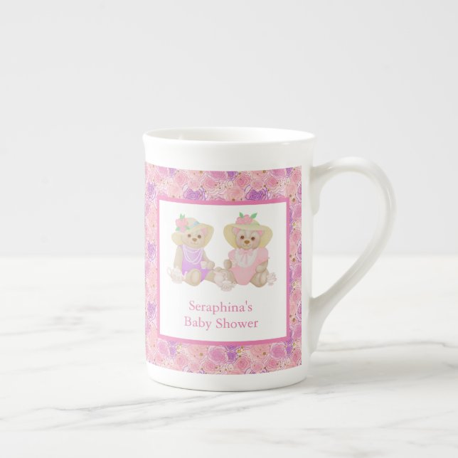 Pink Floral Teddy Bear Tea Party Baby Shower Bone China Mug (Right)