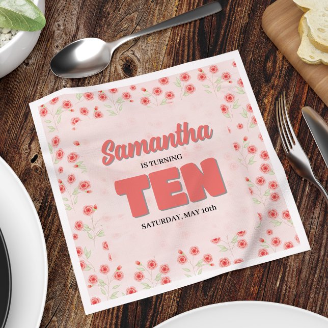 Pink Floral Tenth Birthday Girl Custom Party Napkin (Tenth birthday party custom pink floral napkins.)