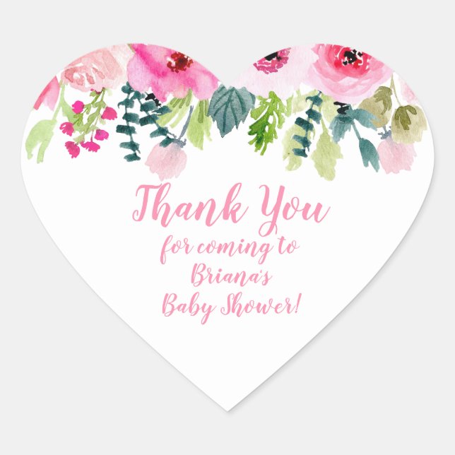 Pink Floral Thank You Baby Shower Favours Heart St Heart Sticker (Front)