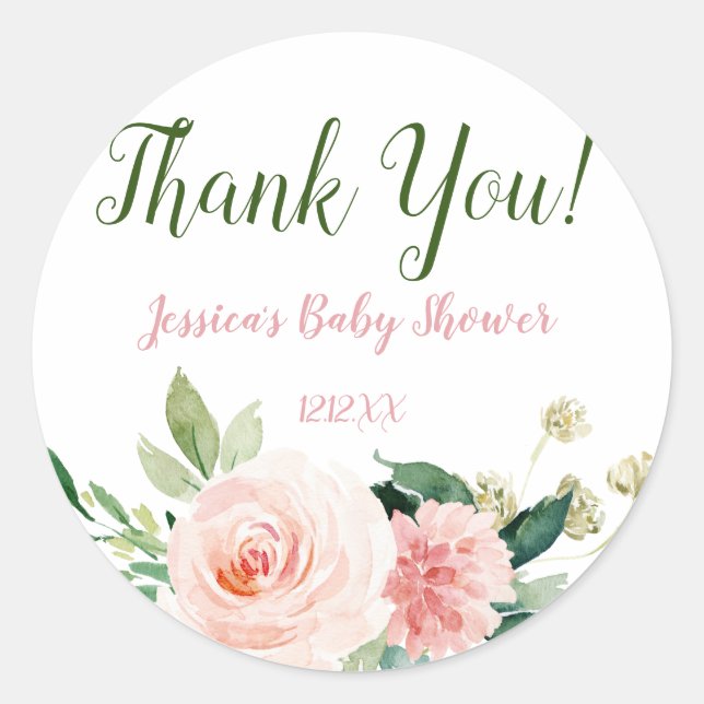 Pink Floral Thank You Classic Round Sticker (Front)