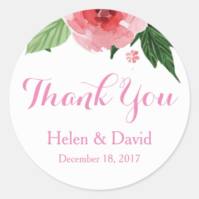 Pink Floral Thank You Wedding Favour Stickers (Front)