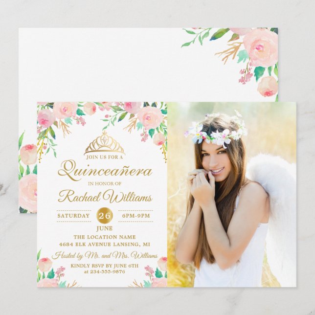 Pink Floral Tiara Quinceañera 15th Birthday Photo Invitation (Front/Back)