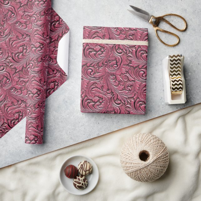 Pink floral tooled embossed leather western wrapping paper (Crafts)