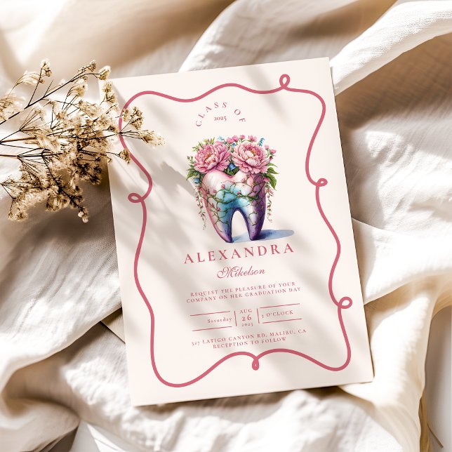 Pink Floral Tooth Dentist Graduation Invitation (Creator Uploaded)