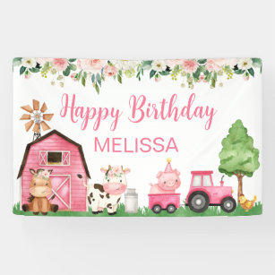 Pink Floral Tractor barn Farm Birthday Backdrop Banner