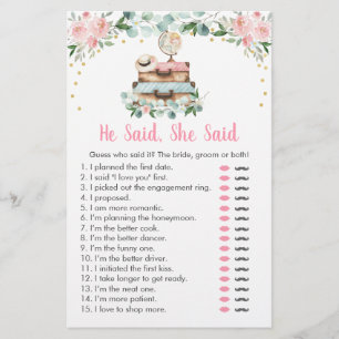 Pink Floral Travel He Said She Said Bridal Game