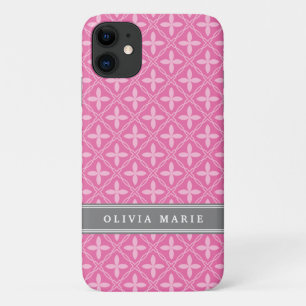 Pink Floral Trellis Pattern Grey Name iPhone 11 Case